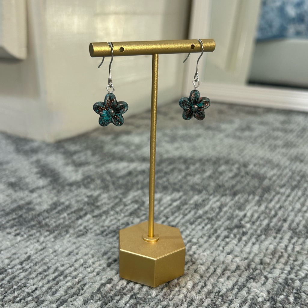 Patina Teal 5 Petal Rustic Flower Floral Silver Hook Dangle Earrings